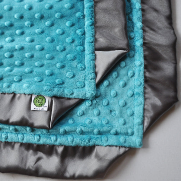 Teal Minky Baby Blanket with Charcoal Gray Satin Trim Cozy Wozy