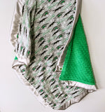 Flannel Alligator Print With Green Minky Baby Blanket and Silver Satin Trim
