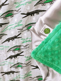 Flannel Alligator Print With Green Minky Baby Blanket and Silver Satin Trim