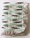 Flannel Alligator Print With Green Minky Baby Blanket and Silver Satin Trim