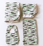 Flannel Alligator Print With Green Minky Baby Blanket and Silver Satin Trim