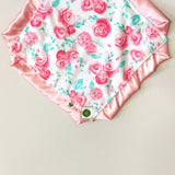 Pink and Teal Floral Minky Lovie / Security Blanket with Pink Satin Trim Gift Set including bib and burp cloth