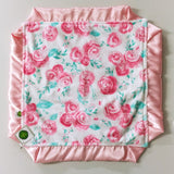 Pink and Teal Floral Minky Lovie / Security Blanket with Pink Satin Trim Gift Set including bib and burp cloth