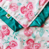Pink and Teal Floral Minky Baby Blanket with Teal Satin Trim