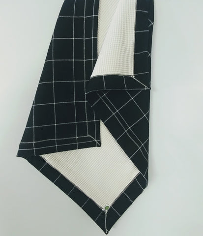 Plaid Baby Blanket Black and Cream Brushed Flannel with Cream Waffle Cotton