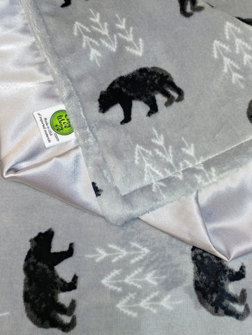 Bear Minky Baby Blanket With Silver Sat I Trim