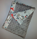 Gray Woodland Print Flannel Baby Blanket with Silver Gray Minky