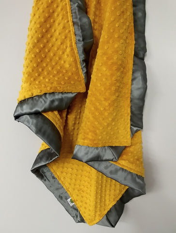 Golden Yellow Minky Baby Blanket with Charcoal Gray Satin Trim