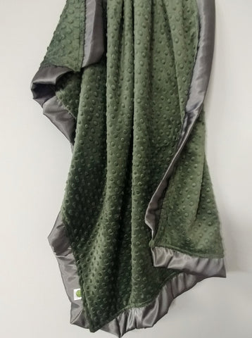 Olive Green Minky Baby Blanket with Charcoal Gray Satin Trim