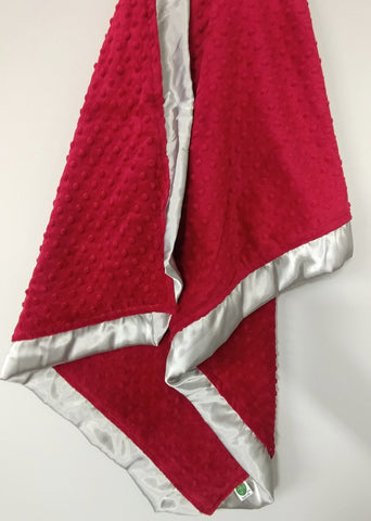 Crimson Red Minky Baby Blanket with Silver Gray Satin Trim