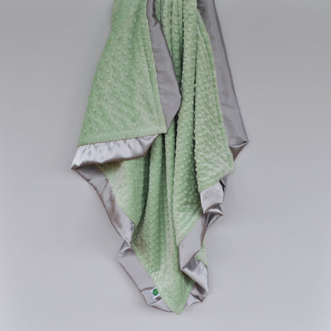 Sage Green Minky Baby Blanket with gray satin trim