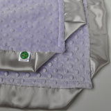 Purple baby blanket with grey satin trim
