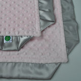 Pastel Pink Minky Baby Blanket with Silver Gray Satin Trim