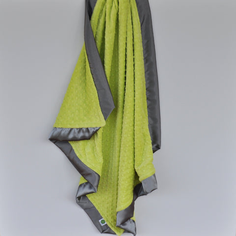 Apple Green Minky Baby Blanket with Charcoal Gray Satin Trim