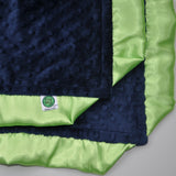 Navy Blue Baby Blanket with Lime Green Satin Trim