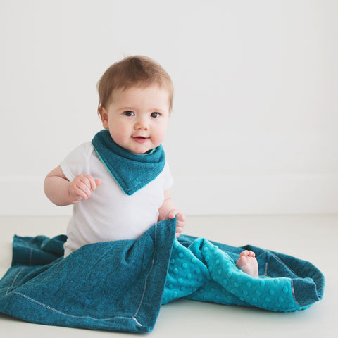 Herringbone Flannel Baby Blanket with Teal Minky and Mietered corners