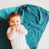 Herringbone Flannel Baby Blanket with Teal Minky and Mietered corners